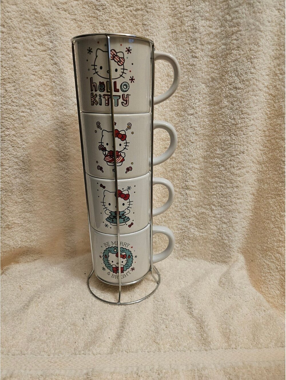 Hello Kitty Christmas 4 Stackable Mugs 3x3 10 oz Silver Buffalo Sanrio Rack